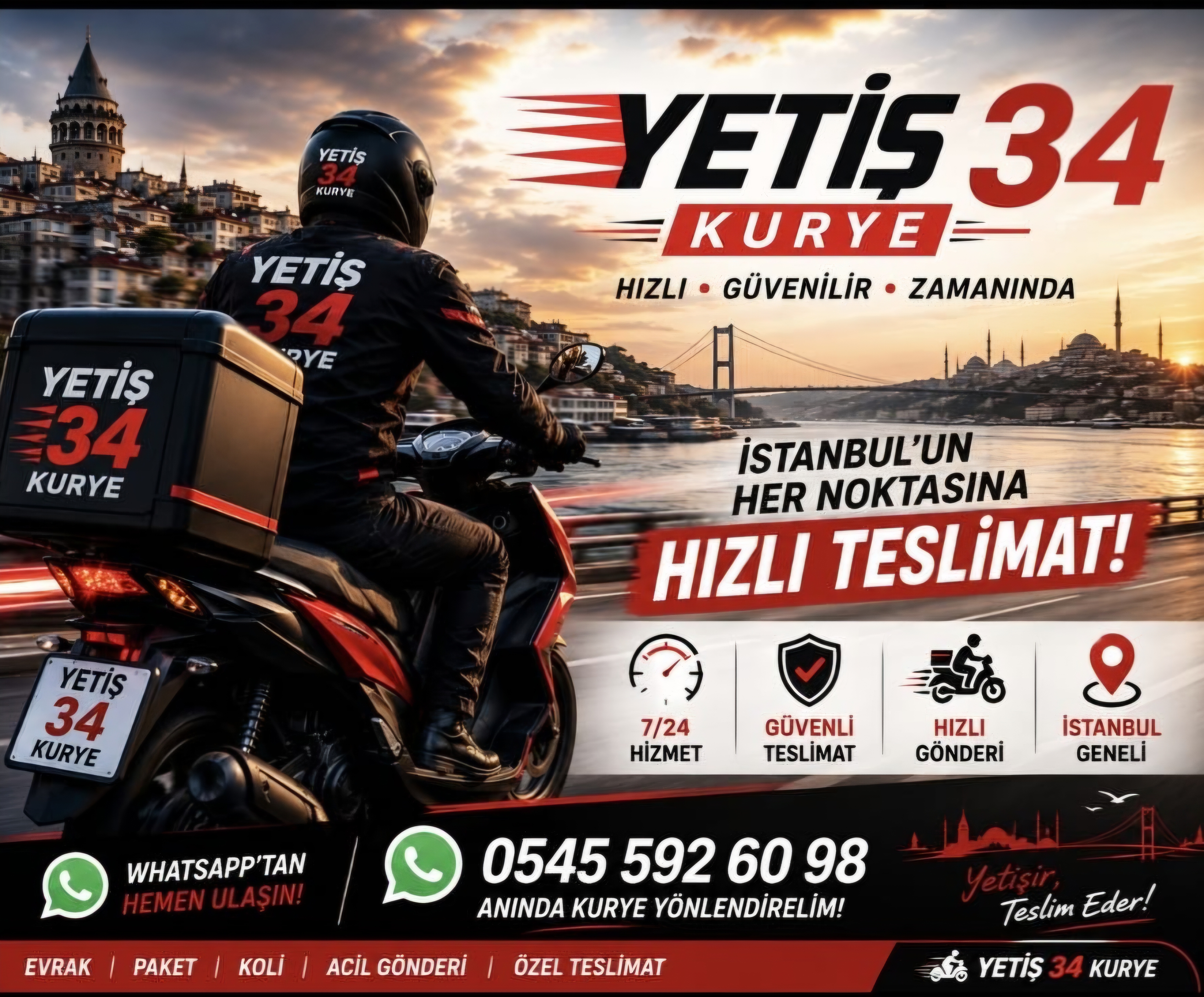 Yetiş Kurye 34 motosikletli kurye, İstanbul Boğaziçi Köprüsü ve Galata Kulesi manzarası